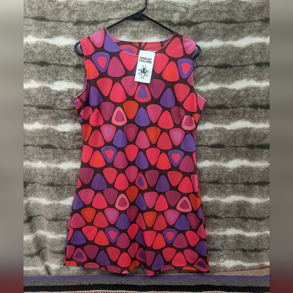 Mod/60s Inspired Geometric Sleeveless Shift Dress - Red, Pink & Purple Uk14 Us10